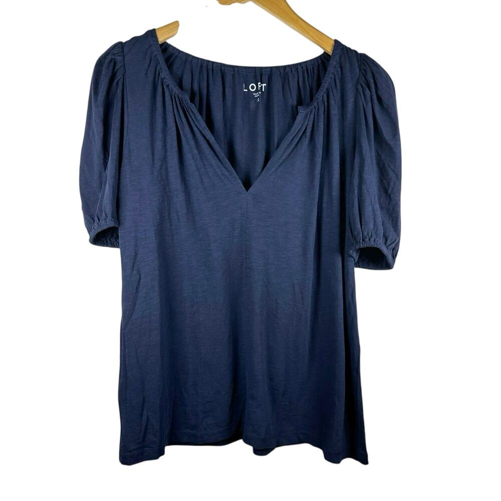 Loft Womens Puff Sleeve V Neck Blouse Top Cotton Blue Small Minimalist Neutral